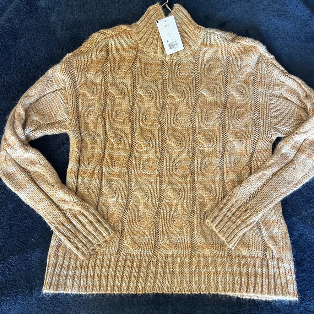 Crown Cable Knit Cowl Sweater in Tan